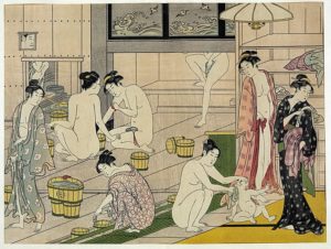 Woodcut print by Kiyonaga of a Japanese communal bath house. 