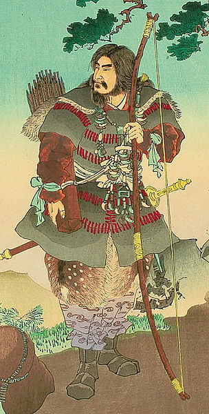 Woodblock print depicting legendary first emperor Jimmu, who saw a sacred bird flying away while he was in the expedition of the eastern section of Japan.