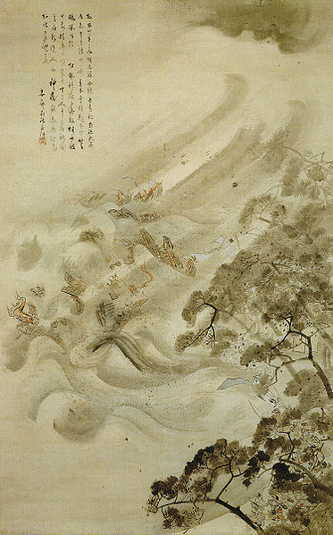 Kamikaze during Mongol invasion. Ink and water colors on paper, 1847