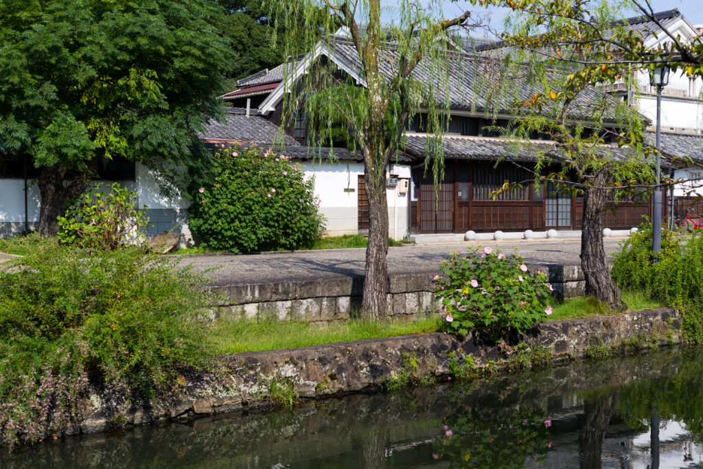 Yanagawa river canal in Japan. Japanese home along the river.
